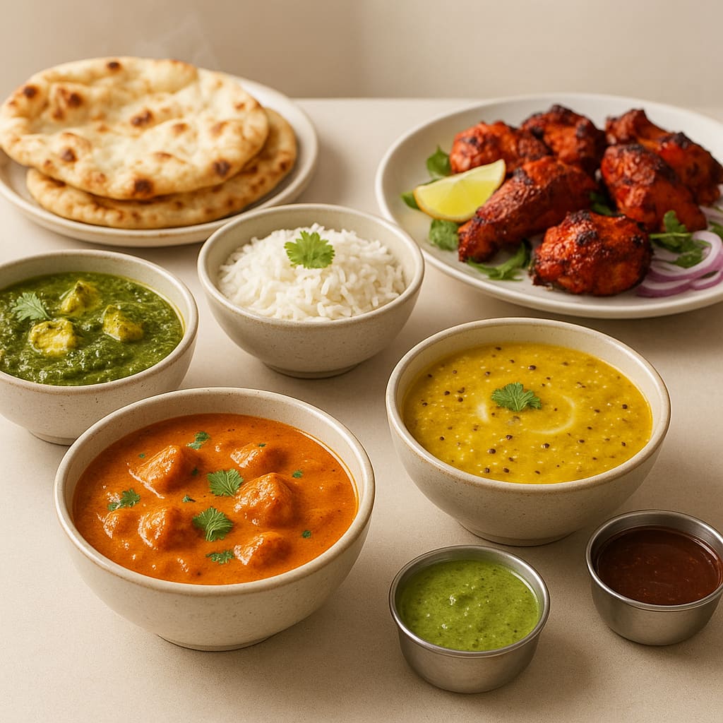 Auswahl indischer Gerichte mit Curry, Reis, Naan und Tandoori
