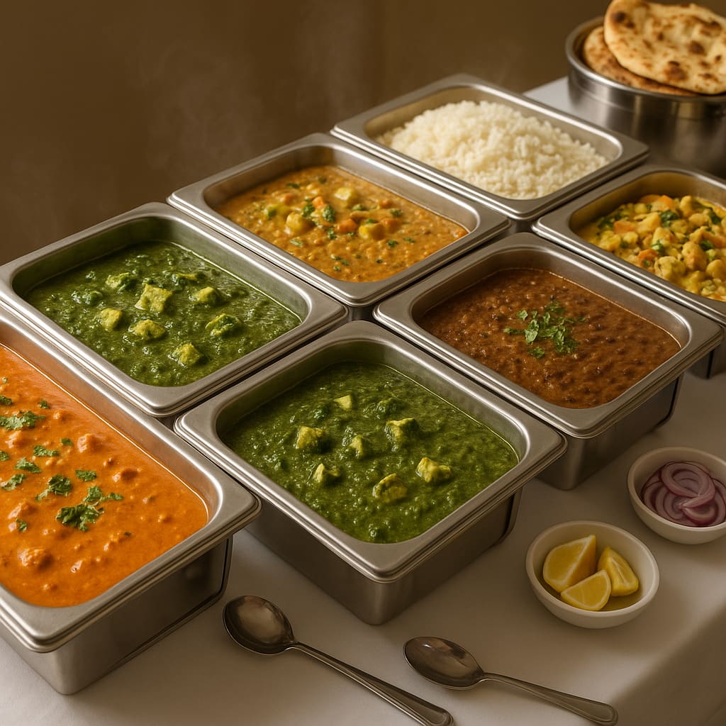 Indisches Catering-Buffet mit Currys, Reis und Naan